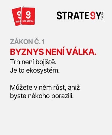 Byznys není válka Obrázek s nápisem: Zákon č. 1 – Byznys není válka. Trh není bojiště, ale ekosystém. Můžete v něm růst, aniž byste někoho porazili – motto značky STRATE9Y.