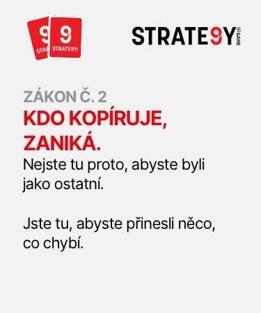 Kdo-kopíruje-zanika Obrázek s nápisem: Zákon č. 2 – Kdo kopíruje, zaniká. Nejste tu proto, abyste byli jako ostatní. Jste tu, abyste přinesli něco, co chybí – zásada originality od STRATE9Y.