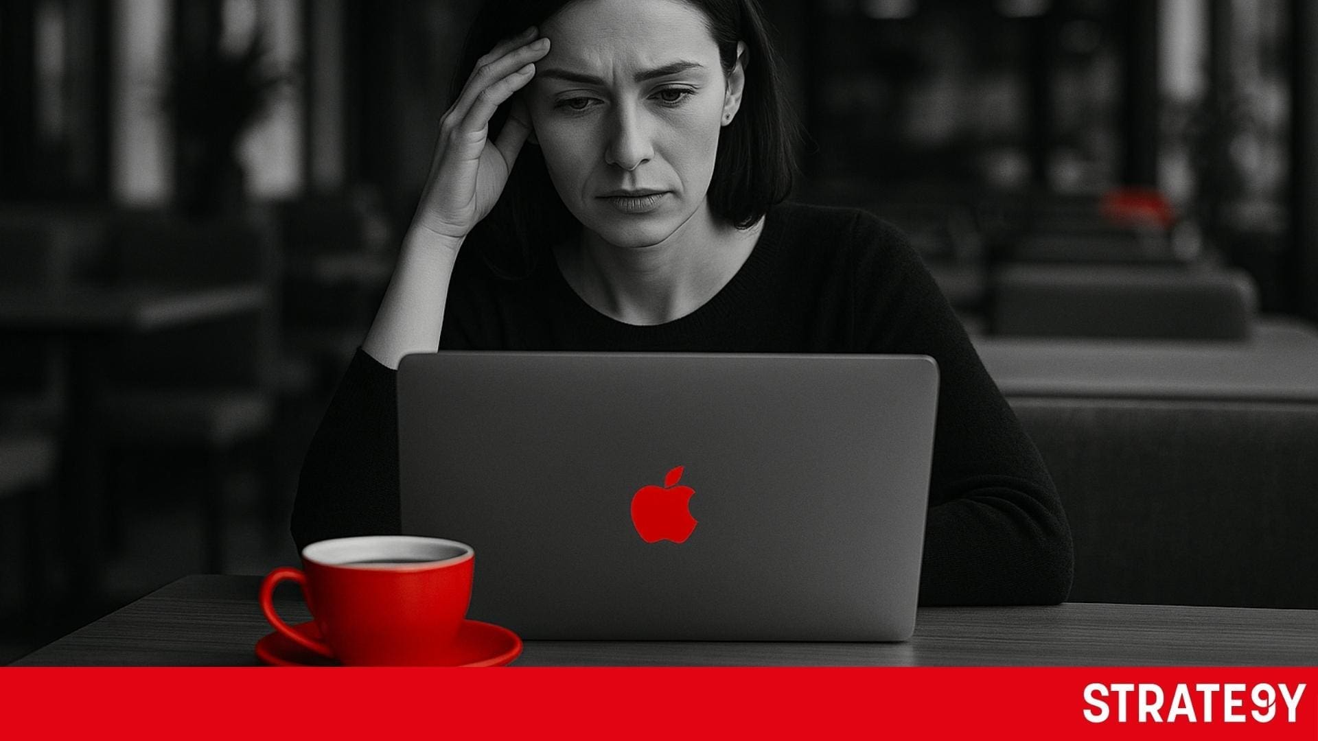 Mladá žena sedí zamyslene v kaviarni pri notebooku s chatgptom, premýšľa o podnikateľskom nápade. Čiernobiela fotografia s červeným akcentom na šálke a logom na notebooku.